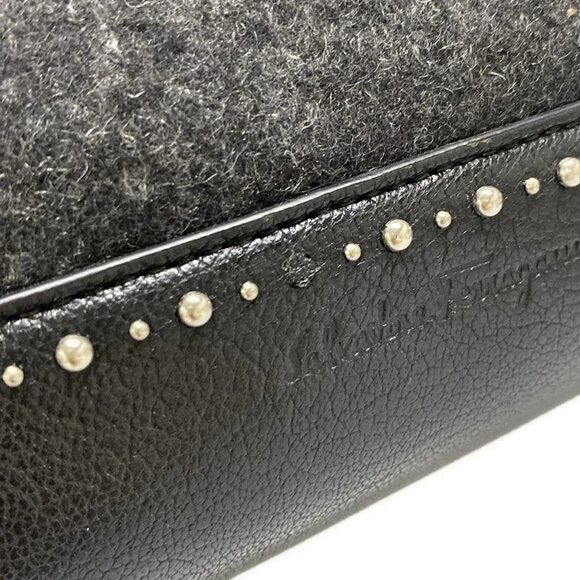 Auth Salvatore Ferragamo Amy Black Wool Leather Handbag - Picture 13 of 16